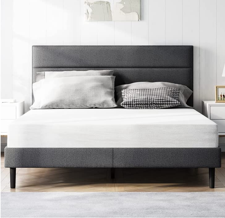 Molblly Queen Bed Frame with Headboard, Upholstered Platform Bed Frame, No Box Spring Needed, Non-Slip and Noise-Free, Easy Assembly, Dark Grey