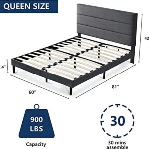 Molblly Queen Bed Frame with Headboard, Upholstered Platform Bed Frame, No Box Spring Needed, Non-Slip and Noise-Free, Easy Assembly, Dark Grey