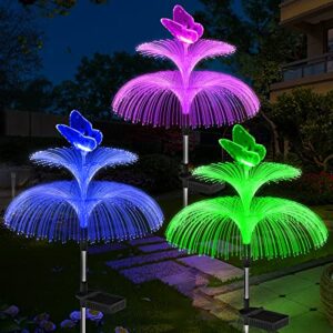 weepong solar garden lights waterproof newest solar outdoor lights decorative 7 color changing double jellyfish and butterfly solar flower lights for christmas pool outdoor yard garden decor, 3 pack