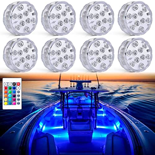 Seaponer Boat Lights Wireless Battery Operated, Waterproof Marine Led Light for Deck Light Courtesy Interior Lights, for Fishing Kayak Duck Jon Bass Boat, RGB Multi Color Remote Controlled, 8pcs