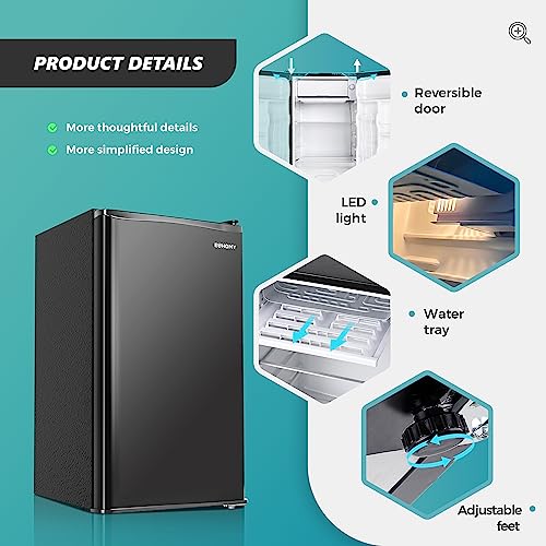 EUHOMY 3.2 Cu.Ft Mini Fridge with Freezer, Single Door Compact Refrigerator, LED light, Adjustable Thermostat, Mini Refrigerator Energy Saving, Mini fridge for Bedroom, Dorm, Office, Black