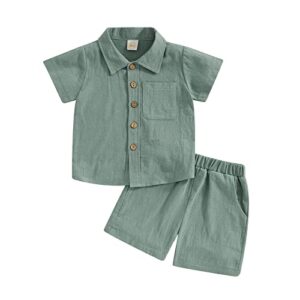 fybitbo toddler baby boy summer linen shorts outfits solid short sleeve button down t-shirt and casual shorts clothes set (green, 18-24 months)