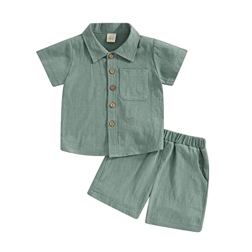 FYBITBO Toddler Baby Boy Summer Linen Shorts Outfits Solid Short Sleeve Button Down T-Shirt and Casual Shorts Clothes Set (Green, 18-24 Months)