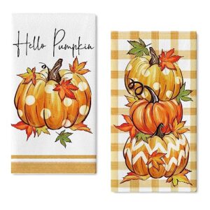 seliem fall hello pumpkin patch kitchen dish towels set of 2, autumn maple leaves hand towels buffalo plaid check drying baking cooking cloth, farmhouse thanksgiving home kitchen decor 18x26 inch