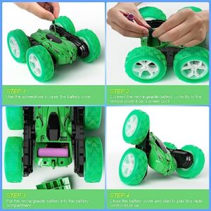 28℃ Remote Control Car, RC Cars Stunt Car Toy, 4WD 2.4Ghz Double Sided 360° Rotating RC Stunt Car with Headlights Wheel Lights, RC Cars Toys Gift for Kids Boys Girls on Birthday Christmas (Green)