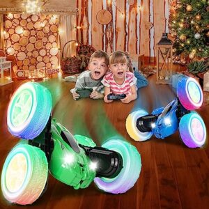 28℃ Remote Control Car, RC Cars Stunt Car Toy, 4WD 2.4Ghz Double Sided 360° Rotating RC Stunt Car with Headlights Wheel Lights, RC Cars Toys Gift for Kids Boys Girls on Birthday Christmas (Green)