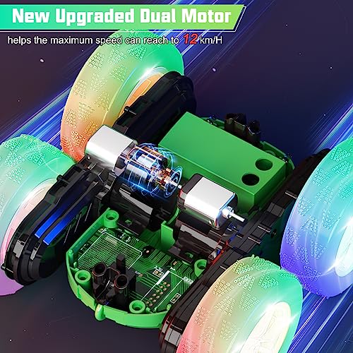28℃ Remote Control Car, RC Cars Stunt Car Toy, 4WD 2.4Ghz Double Sided 360° Rotating RC Stunt Car with Headlights Wheel Lights, RC Cars Toys Gift for Kids Boys Girls on Birthday Christmas (Green)