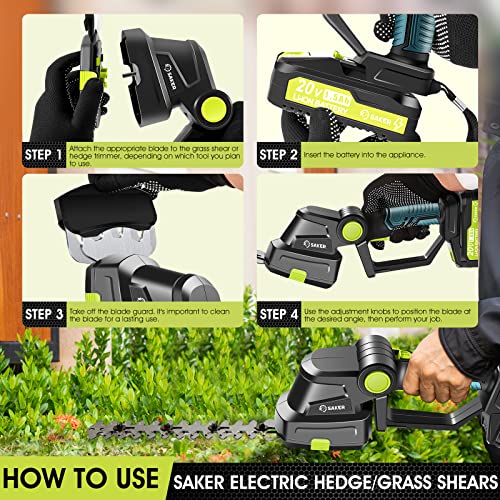 Saker Cordless Hedge Trimmer-20V Electric Shrub Trimmer Grass Shears Handheld Grass Cutter, Hedge Shear with 2 PCS Rechargeable Battery and Charger for Garden, Lawn