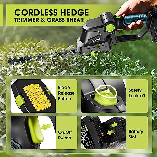 Saker Cordless Hedge Trimmer-20V Electric Shrub Trimmer Grass Shears Handheld Grass Cutter, Hedge Shear with 2 PCS Rechargeable Battery and Charger for Garden, Lawn