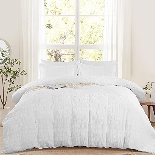 HOMBYS Oversized King Duvet Cover Set 120"x120", Striped Textured Seersucker Duvet Cover 3 Pieces Set, Cream White Boho Duvet Cover for All Season with Zipper Closure,Soft Breathable Duvet Cover Set