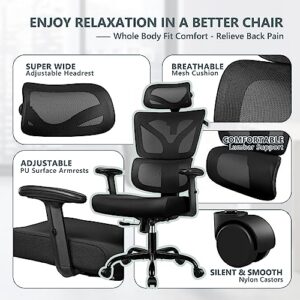 Winrise Office Chair Ergonomic Desk Chair, High Back Gaming Chair, Big and Tall Reclining Chair Comfy Home Office Desk Chair Lumbar Support Breathable Mesh Computer Chair Adjustable Armrests (Black)