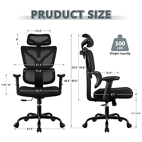 Winrise Office Chair Ergonomic Desk Chair, High Back Gaming Chair, Big and Tall Reclining Chair Comfy Home Office Desk Chair Lumbar Support Breathable Mesh Computer Chair Adjustable Armrests (Black)