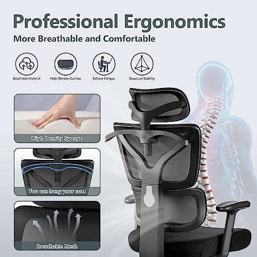 Winrise Office Chair Ergonomic Desk Chair, High Back Gaming Chair, Big and Tall Reclining Chair Comfy Home Office Desk Chair Lumbar Support Breathable Mesh Computer Chair Adjustable Armrests (Black)