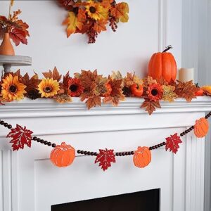 fall decorations for home, dewbin 47" farmhouse wooden beads garland with pumpkin and maple leaf for fall decor, fall thanksgiving decorations for tiered tray, coffee table, mantel, dining room, wall