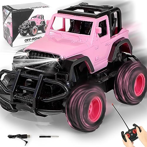 FUUY 4WD Girl Remote Control Car Upgarde 1:32 RC Trucks with Headlight Fast Tiny Toy Car 4WD RC Cute Pink Jeep for Girls Kids