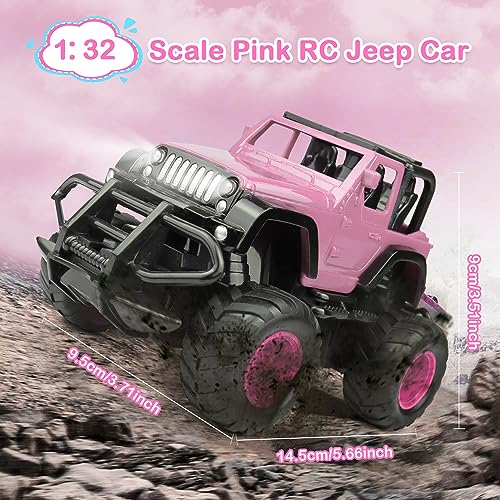 FUUY 4WD Girl Remote Control Car Upgarde 1:32 RC Trucks with Headlight Fast Tiny Toy Car 4WD RC Cute Pink Jeep for Girls Kids