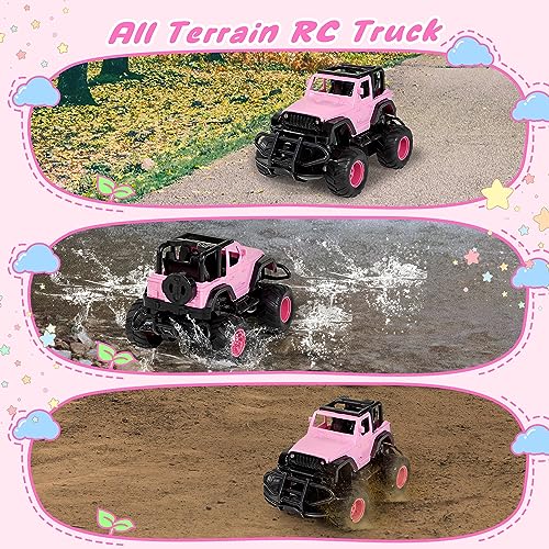 FUUY 4WD Girl Remote Control Car Upgarde 1:32 RC Trucks with Headlight Fast Tiny Toy Car 4WD RC Cute Pink Jeep for Girls Kids