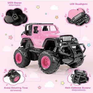 FUUY 4WD Girl Remote Control Car Upgarde 1:32 RC Trucks with Headlight Fast Tiny Toy Car 4WD RC Cute Pink Jeep for Girls Kids