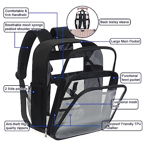 KETIEE Clear Backpack Heavy Duty, Stadium Approved Clear Bag Leather with Trolley Sleeve, Large Waterproof Transparent Backpack for Adults Work Travel Sports Concerts (Black)