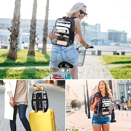 KETIEE Clear Backpack Heavy Duty, Stadium Approved Clear Bag Leather with Trolley Sleeve, Large Waterproof Transparent Backpack for Adults Work Travel Sports Concerts (Black)