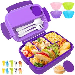 bento box, lunch box kids, bento lunch box for kids/toddler/adults, 1300ml-4 compartment bento box adult lunch box w/food picks cake cups, built-in utensil set, leak-proof, food-safe material(purple)