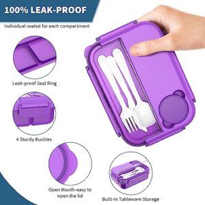 Bento Box, Lunch Box Kids, Bento Lunch Box for Kids/Toddler/Adults, 1300ML-4 Compartment Bento Box Adult Lunch Box w/Food Picks Cake Cups, Built-in Utensil Set, Leak-Proof, Food-Safe Material(Purple)