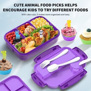 Bento Box, Lunch Box Kids, Bento Lunch Box for Kids/Toddler/Adults, 1300ML-4 Compartment Bento Box Adult Lunch Box w/Food Picks Cake Cups, Built-in Utensil Set, Leak-Proof, Food-Safe Material(Purple)