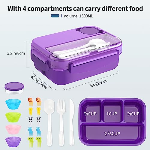 Bento Box, Lunch Box Kids, Bento Lunch Box for Kids/Toddler/Adults, 1300ML-4 Compartment Bento Box Adult Lunch Box w/Food Picks Cake Cups, Built-in Utensil Set, Leak-Proof, Food-Safe Material(Purple)