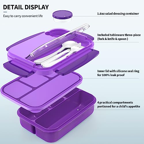 Bento Box, Lunch Box Kids, Bento Lunch Box for Kids/Toddler/Adults, 1300ML-4 Compartment Bento Box Adult Lunch Box w/Food Picks Cake Cups, Built-in Utensil Set, Leak-Proof, Food-Safe Material(Purple)