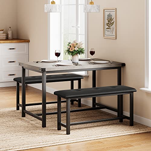 IDEALHOUSE Dining Table Set for 4, Kitchen Table with Benches, Rectangular Dining Room Table Set with 2 Upholstered Benches, 3 Piece Dining Table Set for Small Space, Apartment, Studio, Retro Gray