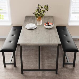 IDEALHOUSE Dining Table Set for 4, Kitchen Table with Benches, Rectangular Dining Room Table Set with 2 Upholstered Benches, 3 Piece Dining Table Set for Small Space, Apartment, Studio, Retro Gray