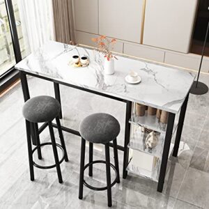 AWQM Bar Table Set with Storage Shelves, 47" Modern White Faux Marble Breakfast Table with 2 Velvet Stools, 3-Piece Dining Set for 2, Space Saving Table for Kitchen/Dinning Room/Living Room/Studio