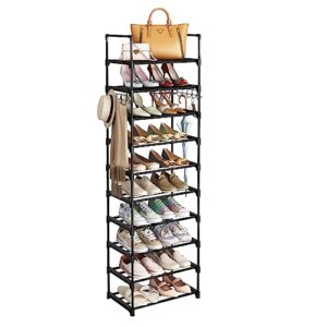 fixwal 10 tiers shoe rack for closet, tall shoe organizer storage shelf for 20-24 pairs of shoes and boots, narrow metal shoe shelf with hooks for entryway bedroom hallway (black)
