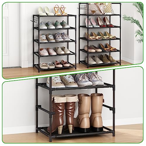 Fixwal 10 Tiers Shoe Rack, Tall Shoe Storage Shelf for 20-24 Pairs of Shoes and Boots, Sturdy Shoe Organizer for Close, Narrow Shoe Shelf with Hooks for Entryway Bedroom Hallway (Black)