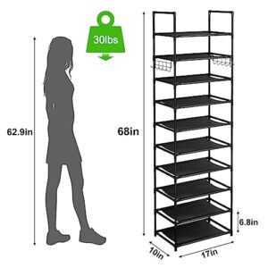 Fixwal 10 Tiers Shoe Rack, Tall Shoe Storage Shelf for 20-24 Pairs of Shoes and Boots, Sturdy Shoe Organizer for Close, Narrow Shoe Shelf with Hooks for Entryway Bedroom Hallway (Black)