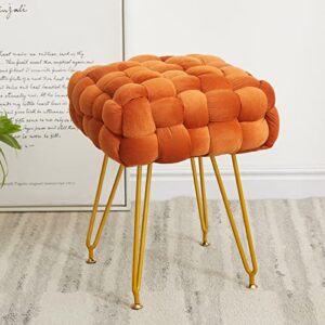 square velvet vanity stool, upholstered ottoman foot rest with adjustable metal legs, makeup ottoman for bedroom, dressing room, living room, orange