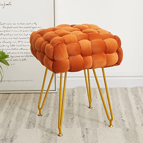 Square Velvet Vanity Stool, Upholstered Ottoman Foot Rest with Adjustable Metal Legs, Makeup Ottoman for Bedroom, Dressing Room, Living Room, Orange