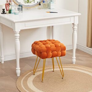 Square Velvet Vanity Stool, Upholstered Ottoman Foot Rest with Adjustable Metal Legs, Makeup Ottoman for Bedroom, Dressing Room, Living Room, Orange