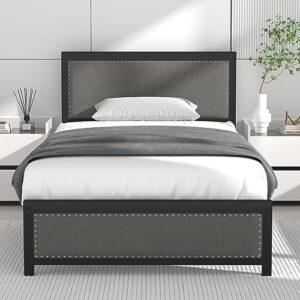 vecelo twin size bed frame with linen fabric headboard and footboard, heavy-duty platform with strong steel slats, no box spring needed, easy assembly, grey