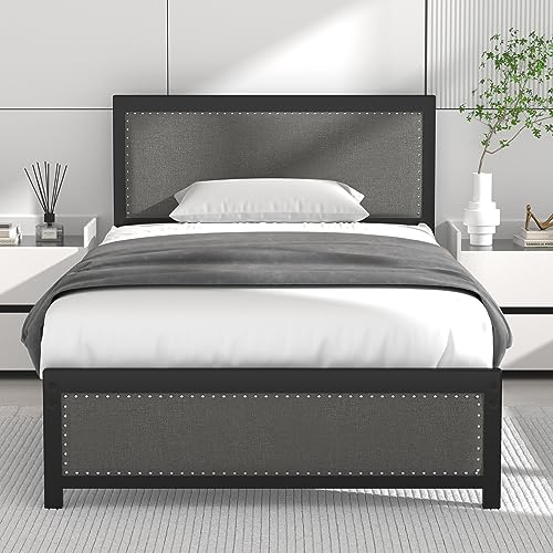 VECELO Twin Size Bed Frame with Linen Fabric Headboard and Footboard, Heavy-Duty Platform with Strong Steel Slats, No Box Spring Needed, Easy Assembly, Grey