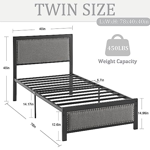 VECELO Twin Size Bed Frame with Linen Fabric Headboard and Footboard, Heavy-Duty Platform with Strong Steel Slats, No Box Spring Needed, Easy Assembly, Grey