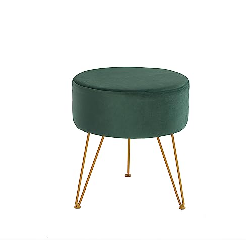 Round Vanity Stool Chair, Velvet Modern Ottoman Foot Stool with Adjustable Metal Legs & Sponge Filling, Upholstered Foot Rest for Living Room, Bedroom, Dressing Room, Office, Green