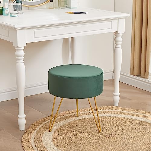 Round Vanity Stool Chair, Velvet Modern Ottoman Foot Stool with Adjustable Metal Legs & Sponge Filling, Upholstered Foot Rest for Living Room, Bedroom, Dressing Room, Office, Green