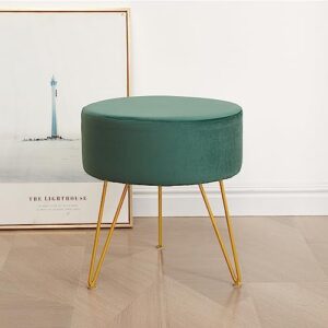 Round Vanity Stool Chair, Velvet Modern Ottoman Foot Stool with Adjustable Metal Legs & Sponge Filling, Upholstered Foot Rest for Living Room, Bedroom, Dressing Room, Office, Green