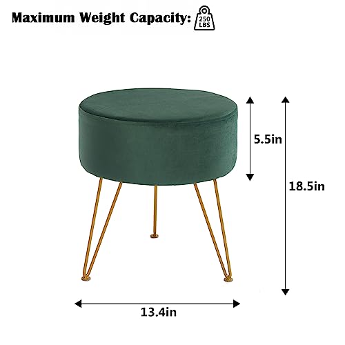 Round Vanity Stool Chair, Velvet Modern Ottoman Foot Stool with Adjustable Metal Legs & Sponge Filling, Upholstered Foot Rest for Living Room, Bedroom, Dressing Room, Office, Green