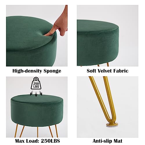 Round Vanity Stool Chair, Velvet Modern Ottoman Foot Stool with Adjustable Metal Legs & Sponge Filling, Upholstered Foot Rest for Living Room, Bedroom, Dressing Room, Office, Green