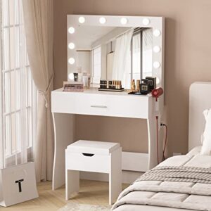 makeup vanity desk with mirror and 12 lights 3 color modes, white vanity table for bedroom with charging station, vanity set with large mirror and storage stool
