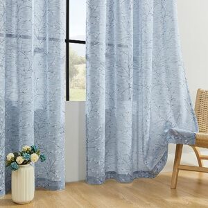 blue sheer curtains for living room bedroom 63 inch length 2 panels set leaf and tree branch curtains rod pocket light filtering drapes flax linen blend window curtains casual privacy decor, 52x63