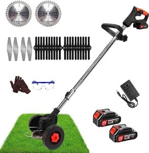weed wacker, 21v electric cordless weed eater lightweight grass trimmer/lawn edger/mower/brush cutter with 21v/2.0ah battery, push wheeled weed brush cutter no string trimmer for yard and garden