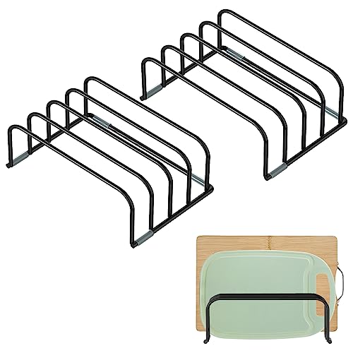 Cutting Board Organizer 2 Pack, Compact Chopping Board Storage Rack for Cabinet, Kitchen Countertop Pan Pot Lids Stand Holder Organizer for Baking Sheets, Flat Plate (0.6 Inch Width Slots)